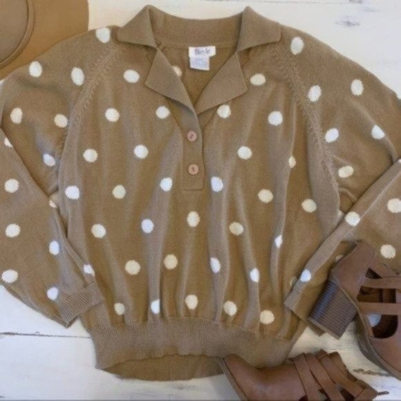 Vintage Sweaters - Vintage 80s Polo Sweater Tan & White Polka Dot Wool Blend Neutral Medium/Large